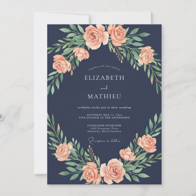Convite Guirlanda de Casamento Rosa Bege Marinho (Frente)