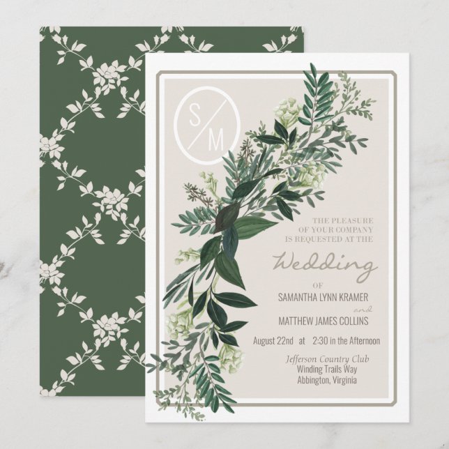 Convite Guirlanda de folhagem elegante samambaias e bagas (Frente/Verso)