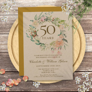 Convite Guirlanda de Rosas Rústicas 50º Aniversário Dourad