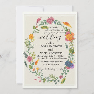 Convite Guirlanda Floral Boho e Penas Casamento Rústico  