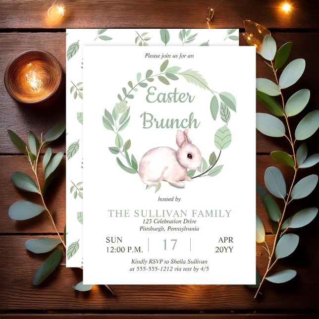Convite Guirlanda floral de coelho da Páscoa com salva  (Cute Easter Bunny Rabbit and Eucalyptus Wreath Sage Green "Easter Brunch" Invitation - Print | Digi)