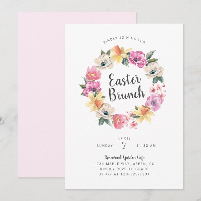Convite Guirlanda Floral de Primavera em Aquarela Brunch d (Frente/Verso)