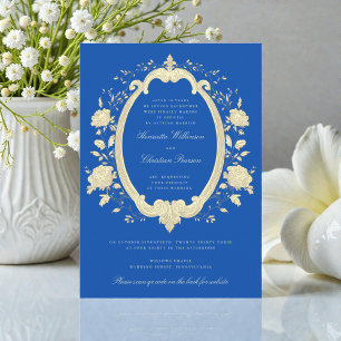 Convite Guirlanda Floral Real Azul Dourado site de casamen