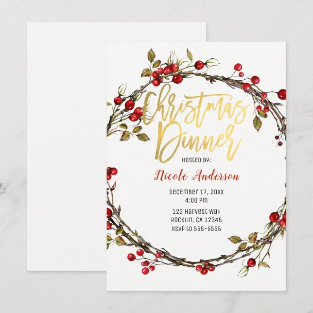 Convite Guirlanda Rústica de Cranberry Jantar de Natal (Frente/Verso)