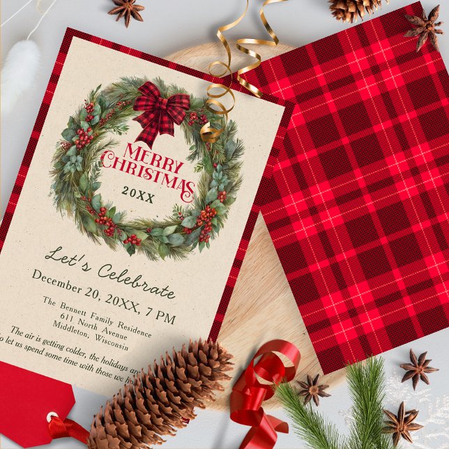 Convite Guirlanda Xadrez Búfalo Vermelho Festa de Natal (Criador carregado)