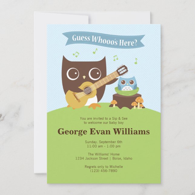 Convite Guitar Owl Sip and See Baby Boy Invitation (Frente)