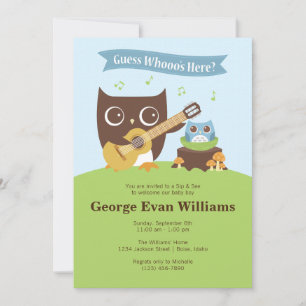 Convite Guitar Owl Sip and See Baby Boy Invitation