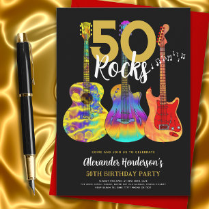 Convite Guitarra Preto e Dourado festa de 50º aniversário