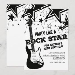 Convite Guitarra Rockstar preto e branco de aniversário