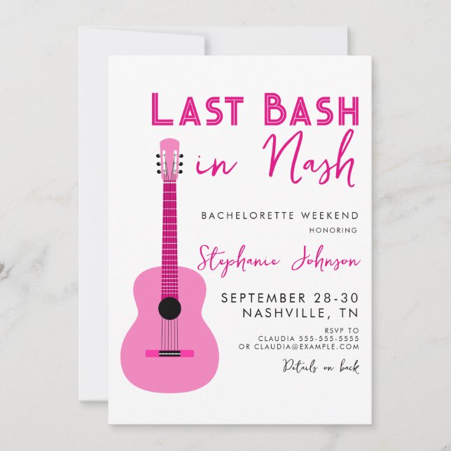 Convite Guitarra Rosa Último Bash em Nash Bachelorette (Frente)