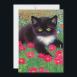 Convite Gustav Klimt Tuxedo Cat<br><div class="desc">Cartão com um gato gustav Klimt tuxedo! Este adorável gatinho preto e branco se senta num campo de flores vermelhas,  azuis,  brancas e laranja. Um presente incrível para amantes de gatos e entusiastas de arte austríacos!</div>