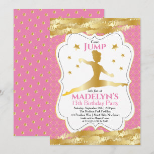 Convite Gymnast Rosa  Douradas Estrelas Festa de aniversá