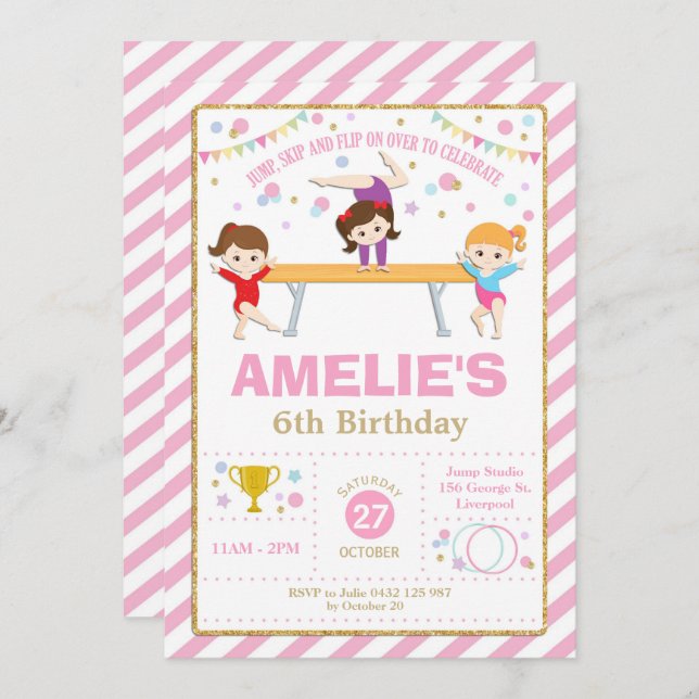 Convite Gymnastics Birthday Dance Party Girl, rosa e Doura (Frente/Verso)