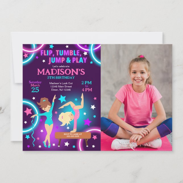 Convite Gymnastics Birthday Photo Invitation Neon Party (Frente)