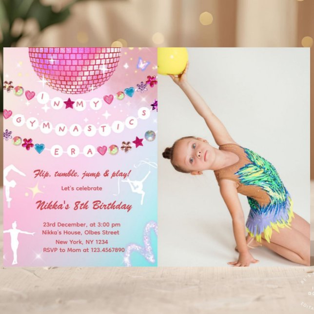 Convite Gymnastics Birthday Pink Gym Party Photo  (gymnastics, gym, girl birthday, acrobatics, girly, 1st first bday invite, gymnastics party, gymnasti)