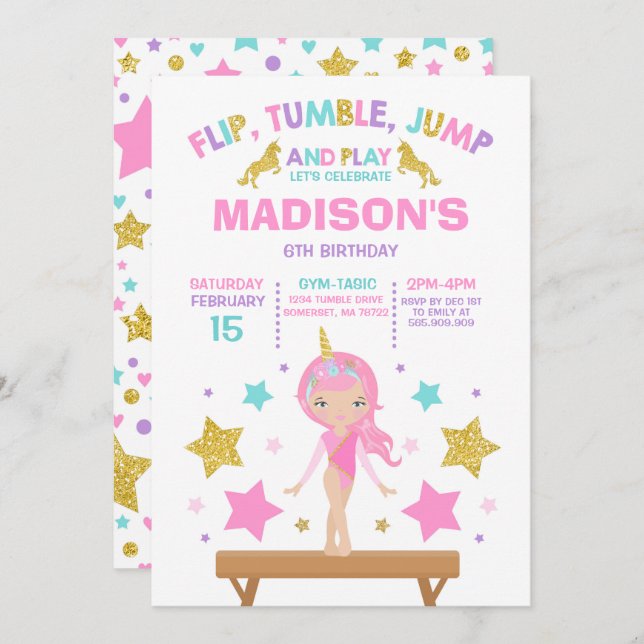 Convite Gymnastics Invitation Unicorn Gymnastics Party (Frente/Verso)
