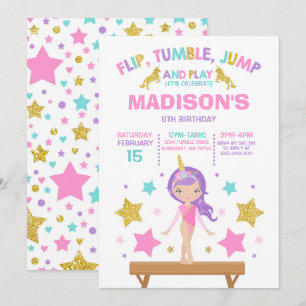 Convite Gymnastics Invitation Unicorn Gymnastics Party