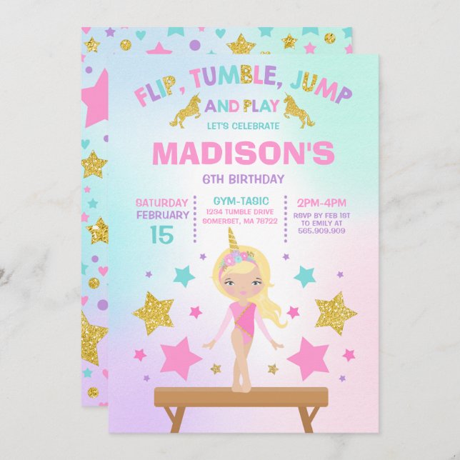 Convite Gymnastics Invitation Unicorn Gymnastics Party (Frente/Verso)