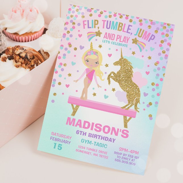 Convite Gymnastics Invitation Unicorn Gymnastics Party (Criador carregado)
