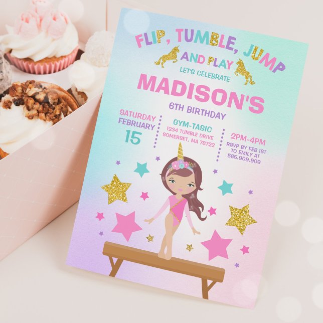 Convite Gymnastics Invitation Unicorn Gymnastics Party (Criador carregado)