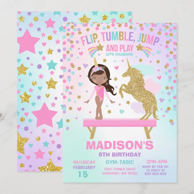 Convite Gymnastics Invitation Unicorn Gymnastics Party (Frente/Verso)