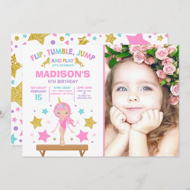 Convite Gymnastics Invitation Unicorn Gymnastics Party (Frente/Verso)