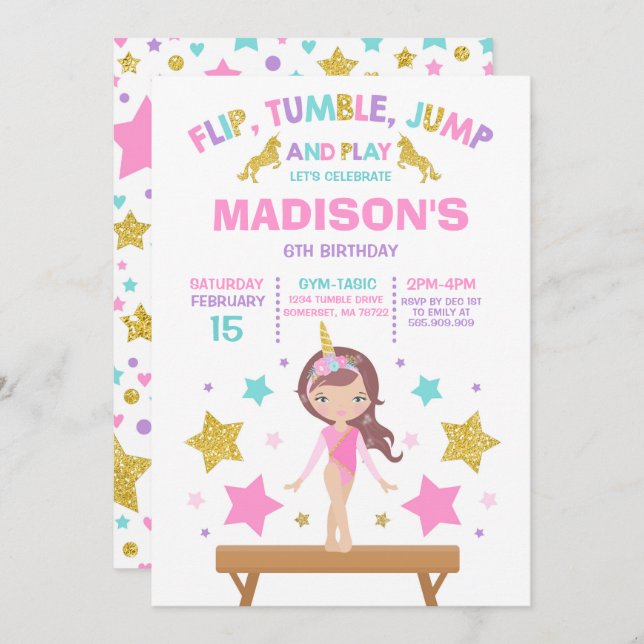 Convite Gymnastics Invitation Unicorn Gymnastics Party (Frente/Verso)