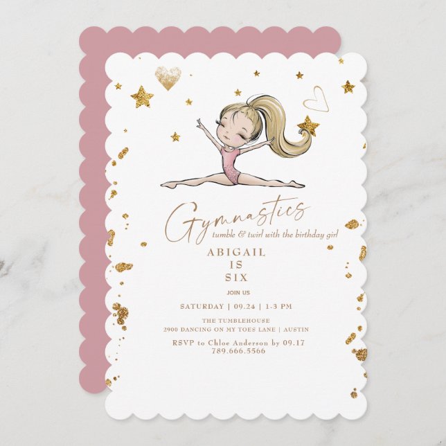Convite  Gymnastics Tumble & Twirl Pink Birthday Party (Frente/Verso)