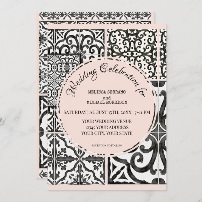 Convite Hacienda Azulejo Black White Blush Casamento Moder (Frente/Verso)
