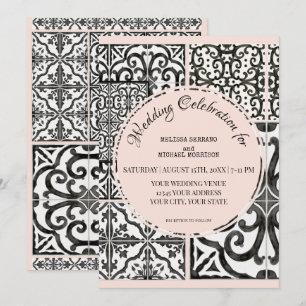 Convite Hacienda Azulejo Black White Blush Casamento Moder