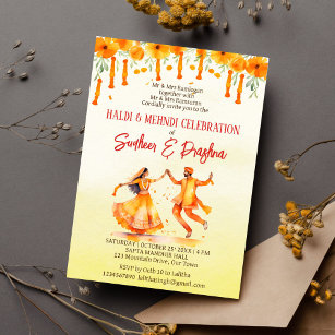Convite Haldi e Mehndi marigolds sinalizam casamento india