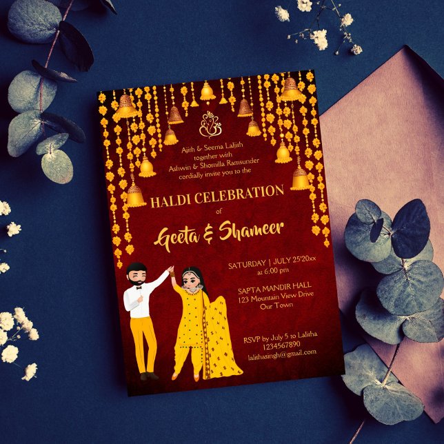 Convite Haldi Mehndi Sangeet Indian Maroon amarelo (Haldi Mehndi Sangeet Indian wedding maroon yellow bell garlands bridal couple cartoon Invitation)