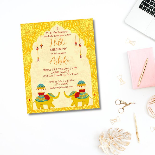 Convite haldi orçamento para elefantes de casament (Joly Indian wedding elephants yellow oriental pattern background Haldi Budget Invitation)