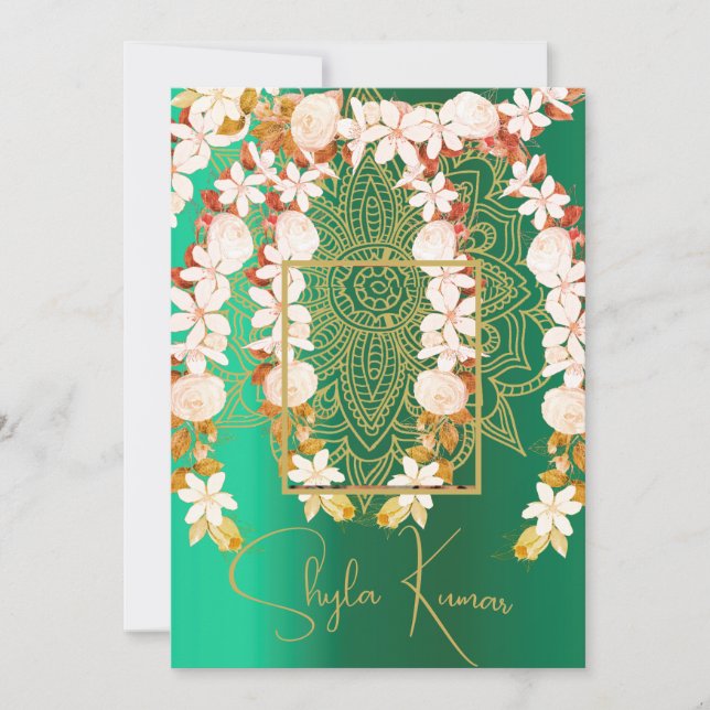 Convite Half Saree Ceremony Hindu Floral Garland Green (Frente)