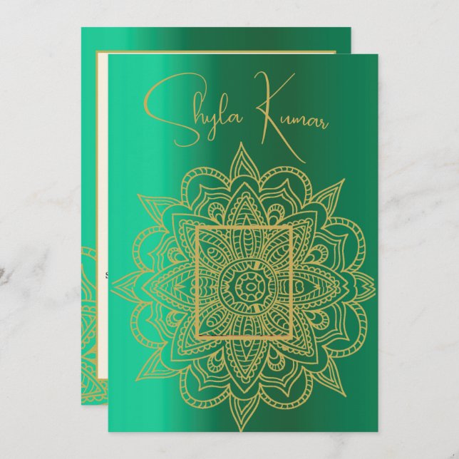 Convite Half Saree Ceremony Hindu Indian Green Dourado (Frente/Verso)