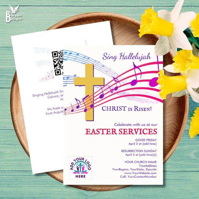 Convite HALLELUJAH CHRIST IS RISEN QR Logo Church Easter  (Modern SING HALLELUJAH CHRIST IS RISEN Easter Church invitation with custom logo and QR code.)
