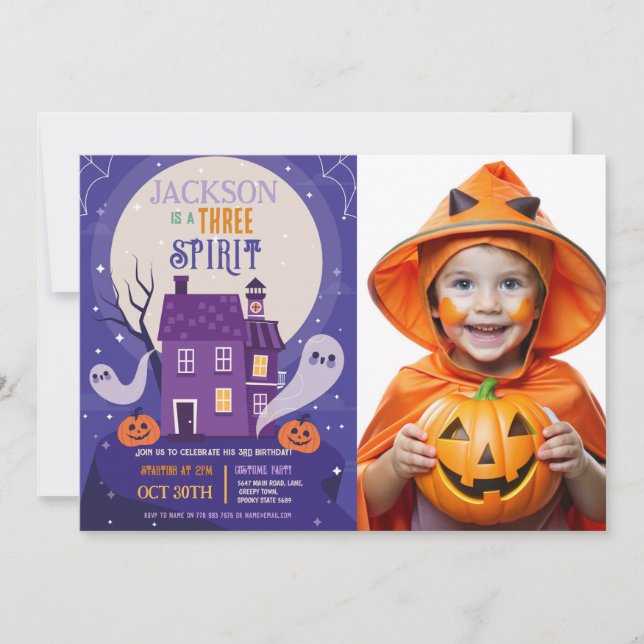 Convite Halloween 3rd Fantasma 3 Foto do Partido da Casa (Frente)
