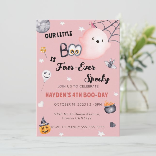 Convite Halloween 4th Birthday Girl Four Sempre Spooky (Em pé/Frente)