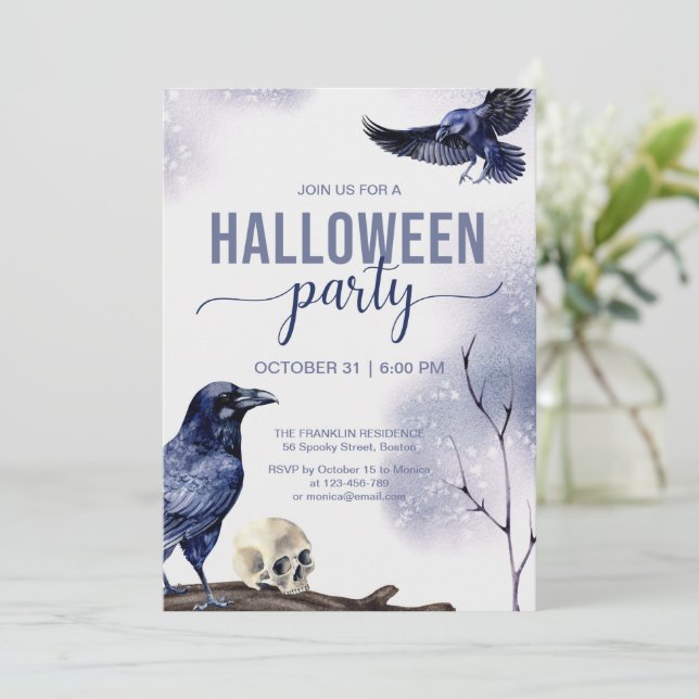 Convite Halloween Adult Party Watercolor Raven (Em pé/Frente)
