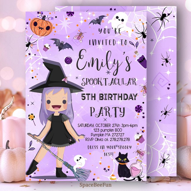 Convite Halloween Aniversário de Festa de Figurino Raparig (Halloween,pumpki,Birthday invites,Invitation,Costume Party,Girl Witch Halloween,Birthday Party,Spook)