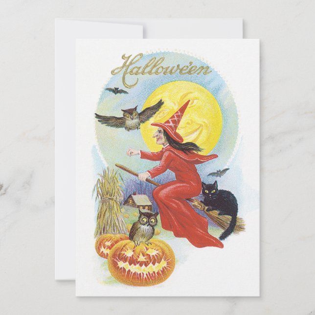 Convite Halloween Antigo, Bruxa Voadora com um Gato Preto (Frente)