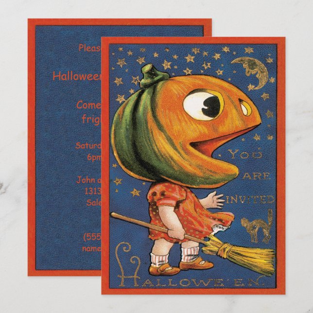Convite Halloween Antigo, Fantasia de Cabeça de Abóbora Gi (Frente/Verso)
