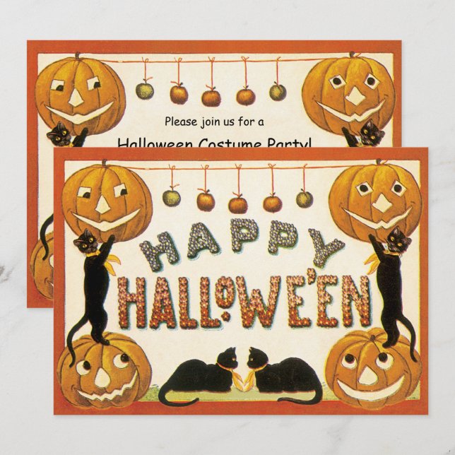 Convite Halloween Antigo, Gatos Pretos com Jackolanterns (Frente/Verso)
