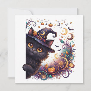 Convite Halloween Assustador, Gato Preto Espiando