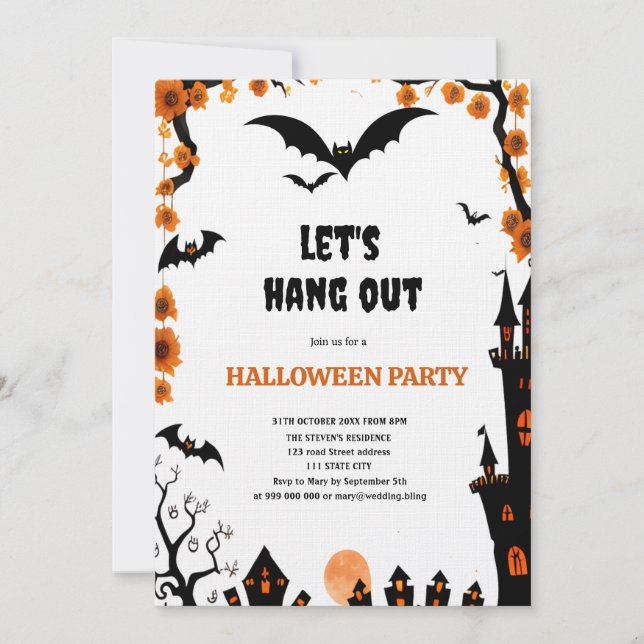 Convite Halloween Bat let's hang out Halloween party (Frente)
