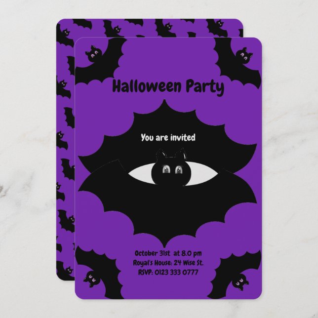 Convite Halloween Bats on Royal Purple (Frente/Verso)