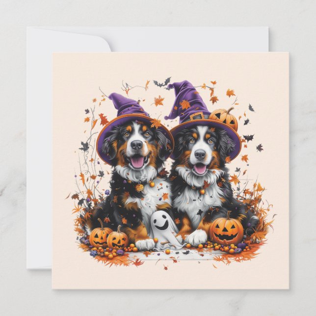 Convite Halloween Bernese Mountain Dogs Witch Ghost (Frente)