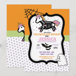 Convite Halloween Birthday Kids Unicorn Skeleton Bats
