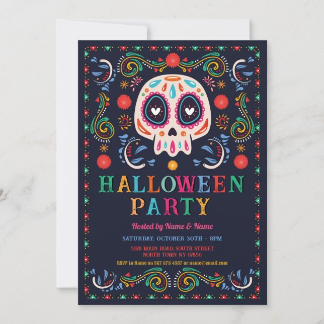 Convite Halloween Birthday Sugar Skull Fiesta Mexicano (Frente)