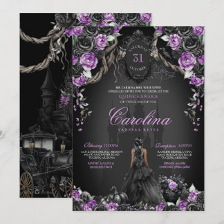Convite Halloween Black Rosa Purple Princess Quinceanera